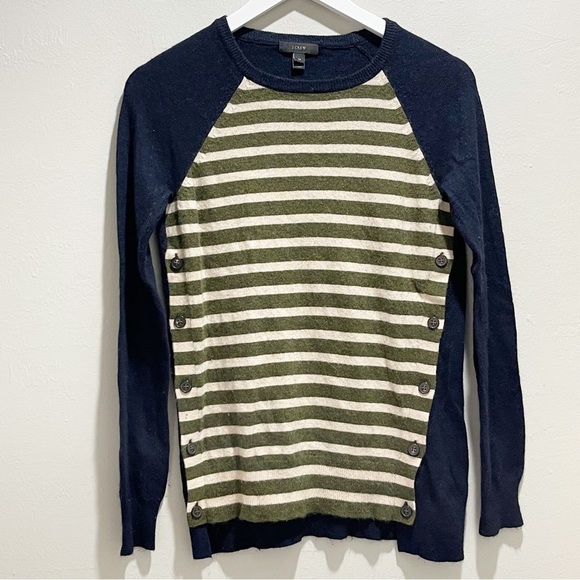 J CREW Women’s Navy Green Side Button Wool Blend Striped Sweater Elbow Patch XS - Picture 2 of 10
